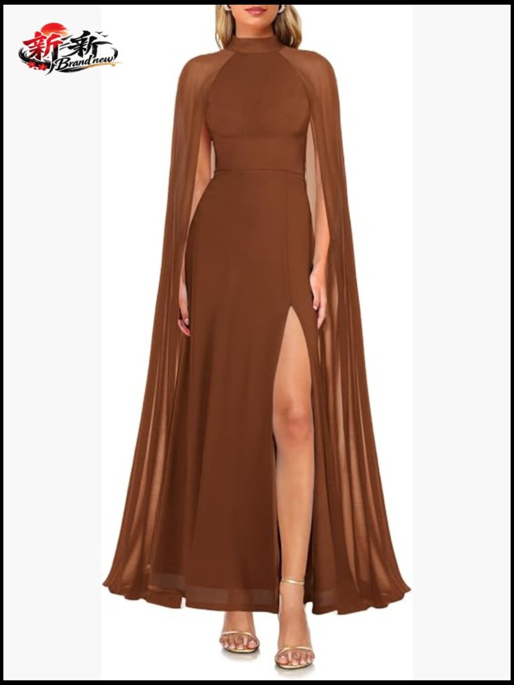 Elegant Mock Neck Slit A-Line Flowy Maxi Dress with Cape Sleeves for Formal
